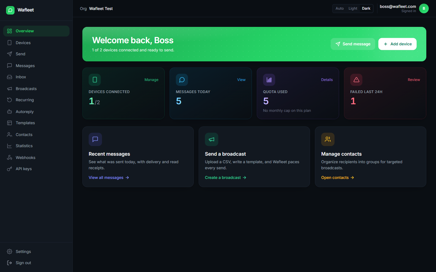 Wafleet dashboard: devices, message volume, and anti-ban health at a glance